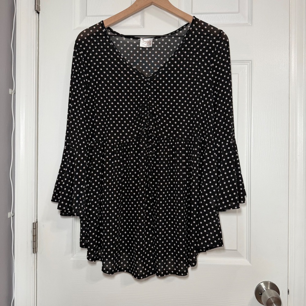 Sirenlily Maternity Polka Dot Mesh Blouse Bell Sleeve Ruched XL stretchy sheer